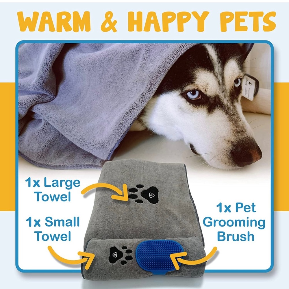 Dog Towel - Bundle Set of 2 Dog Towels with Grooming Brush
